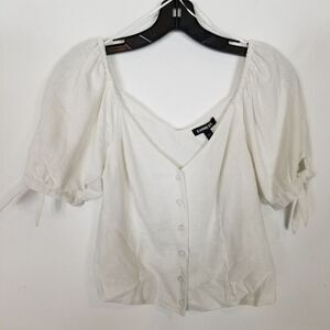 Express Women Button Up Corset Top Sz S White Linen Blend Puff Sleeve Y2K